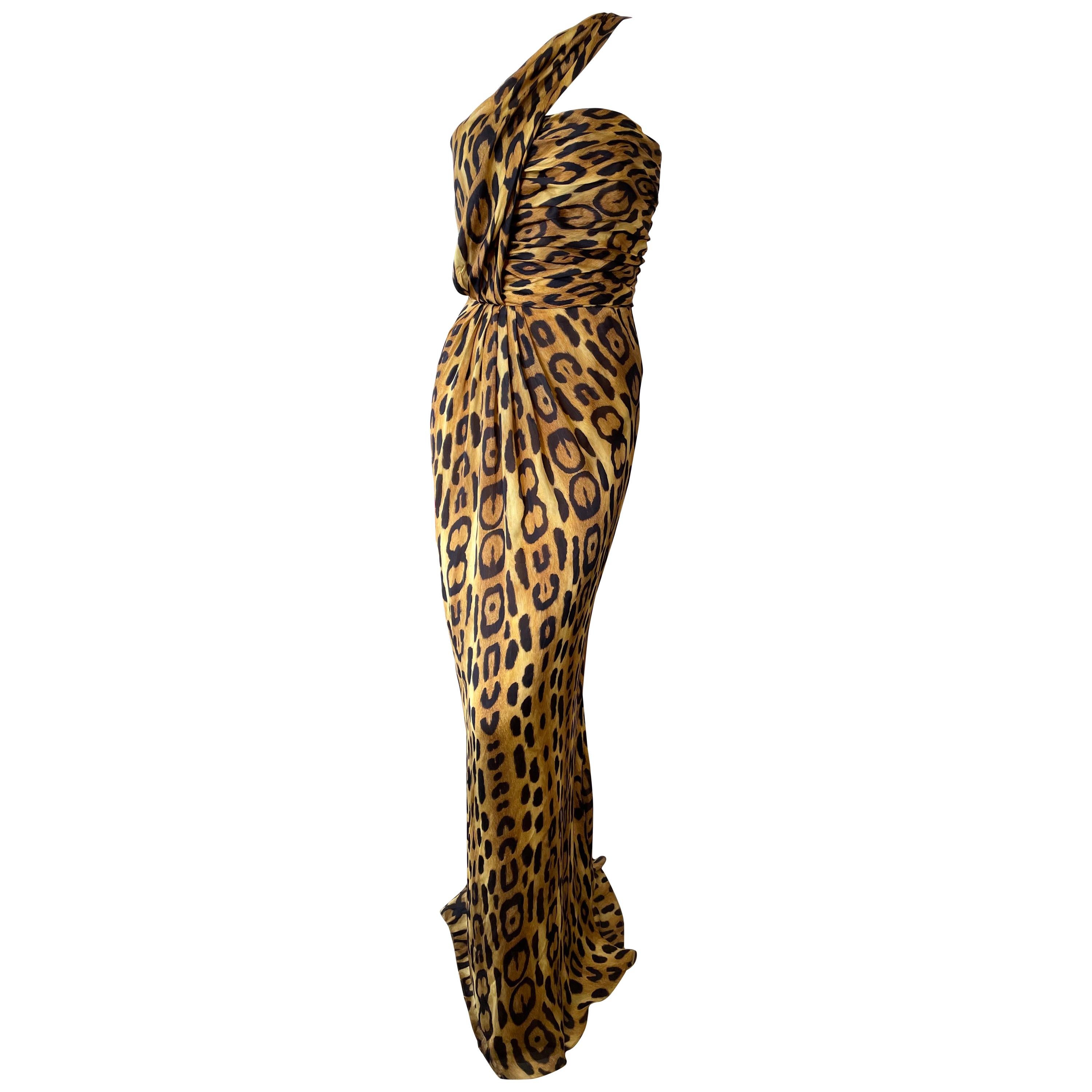 Oscar de la Renta One Shoulder Silk Leopard Print Evening Dress For Sale