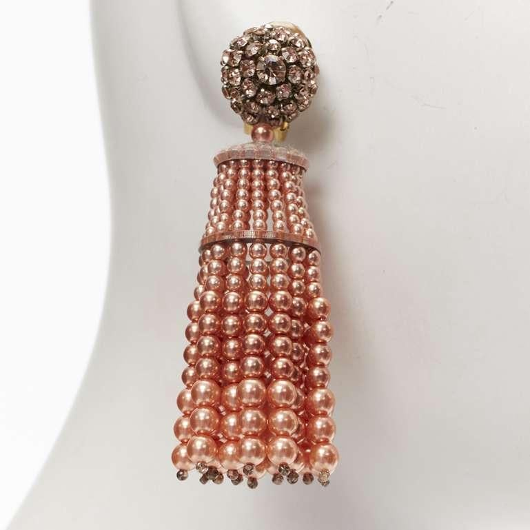 OSCAR DE LA RENTA orange crystal faux pearl tassel drop clip on earrings For Sale 2