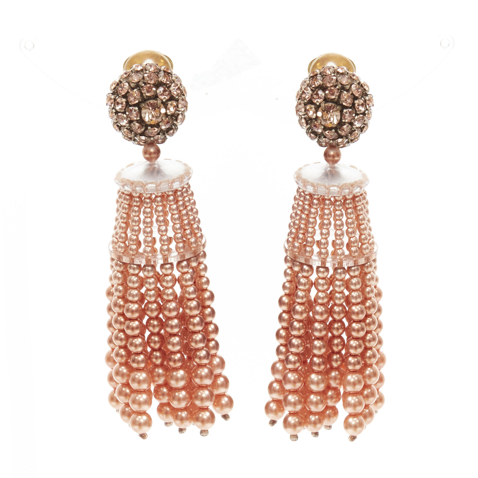 OSCAR DE LA RENTA orange crystal faux pearl tassel drop clip on earrings For Sale