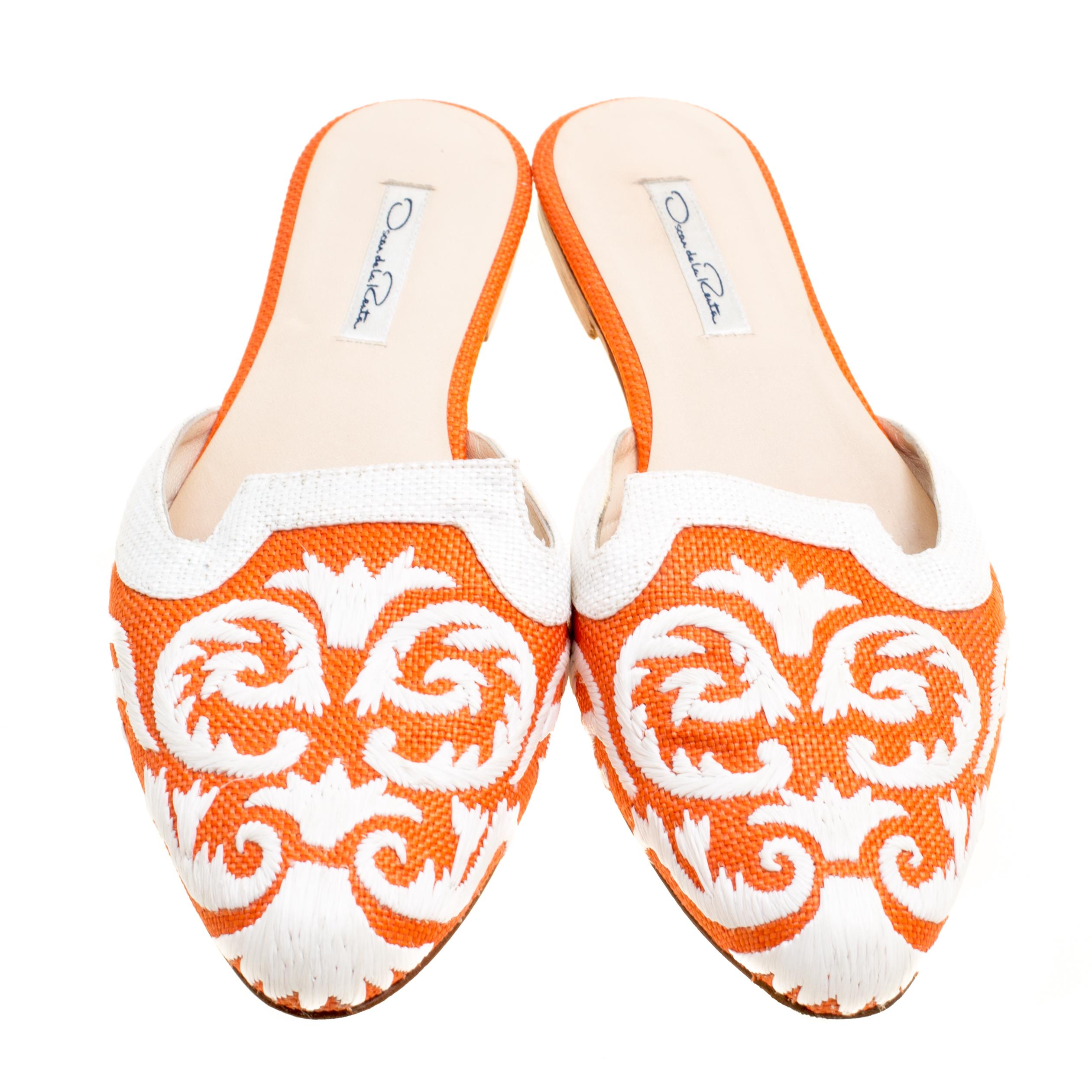 White Oscar de la Renta Orange Embroidered Raffia Flat Mules Size 40