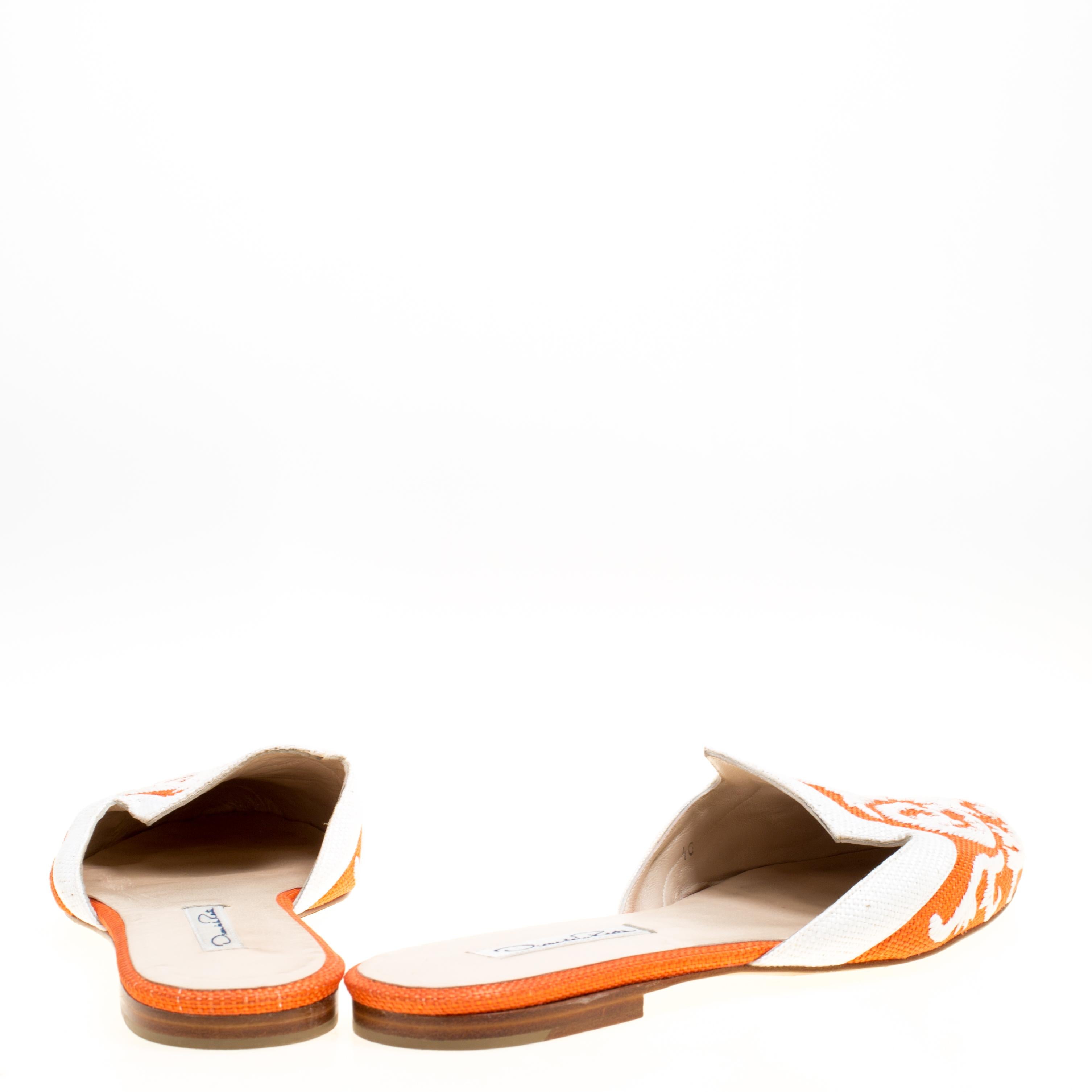 Women's Oscar de la Renta Orange Embroidered Raffia Flat Mules Size 40