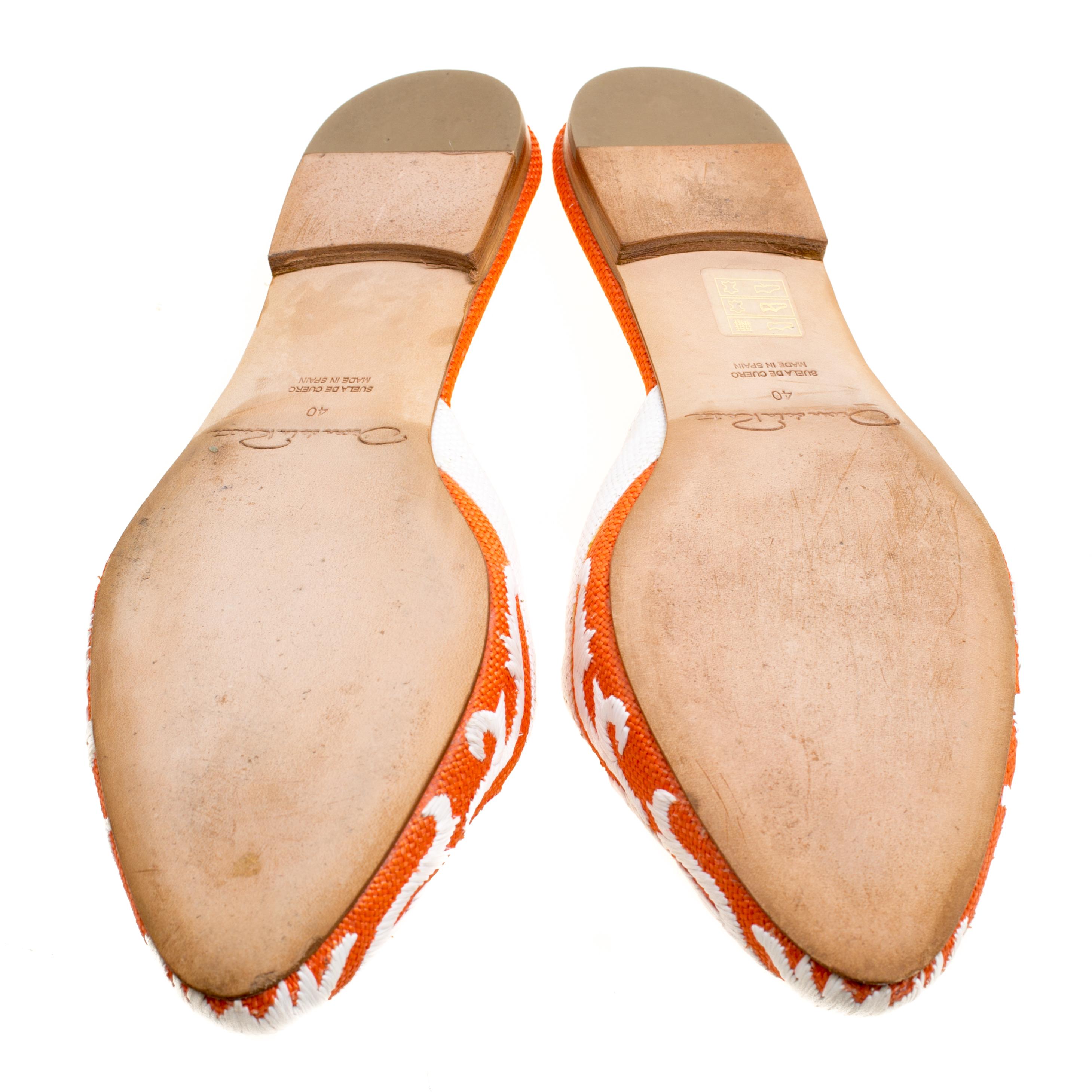 Oscar de la Renta Orange Embroidered Raffia Flat Mules Size 40 1