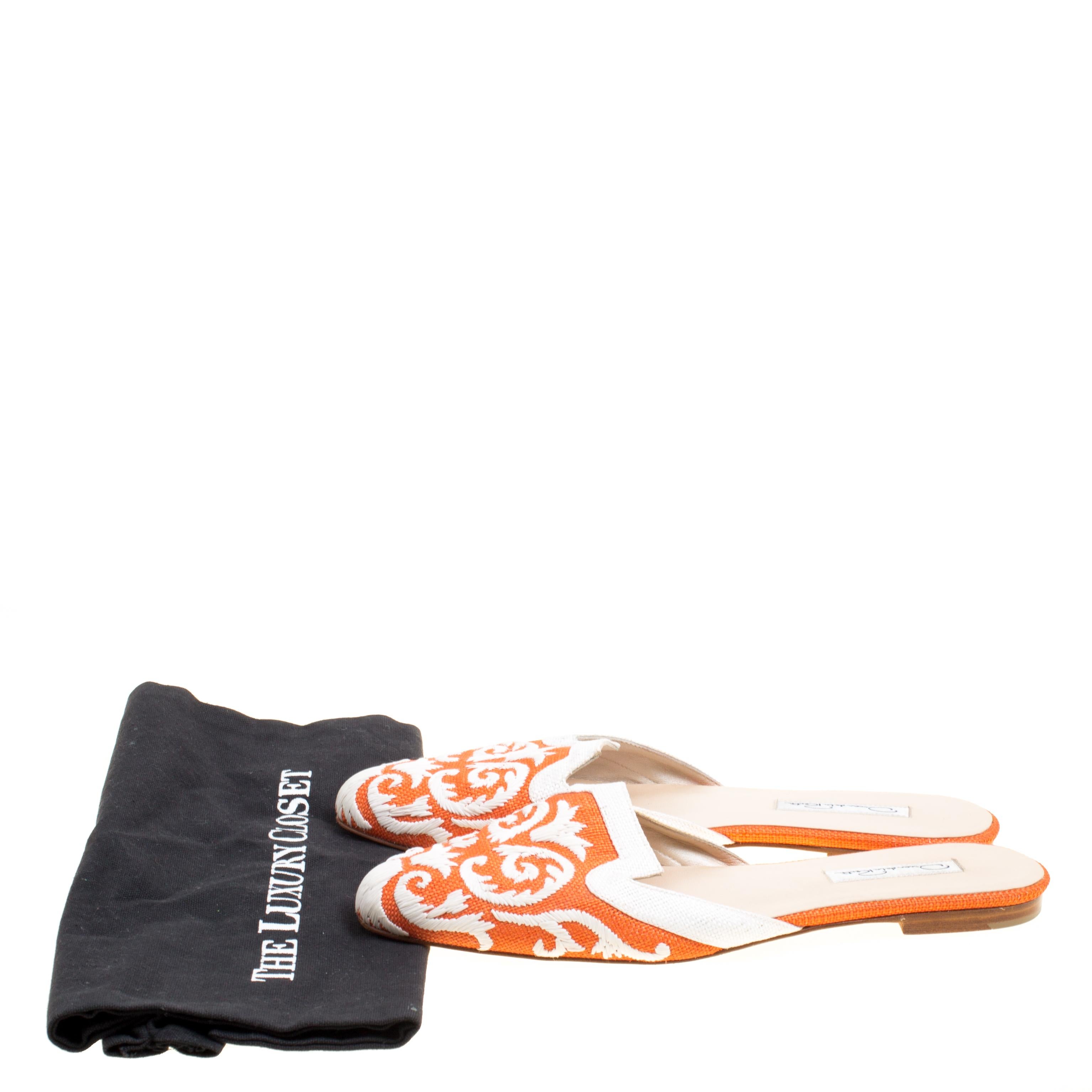Oscar de la Renta Orange Embroidered Raffia Flat Mules Size 40 3