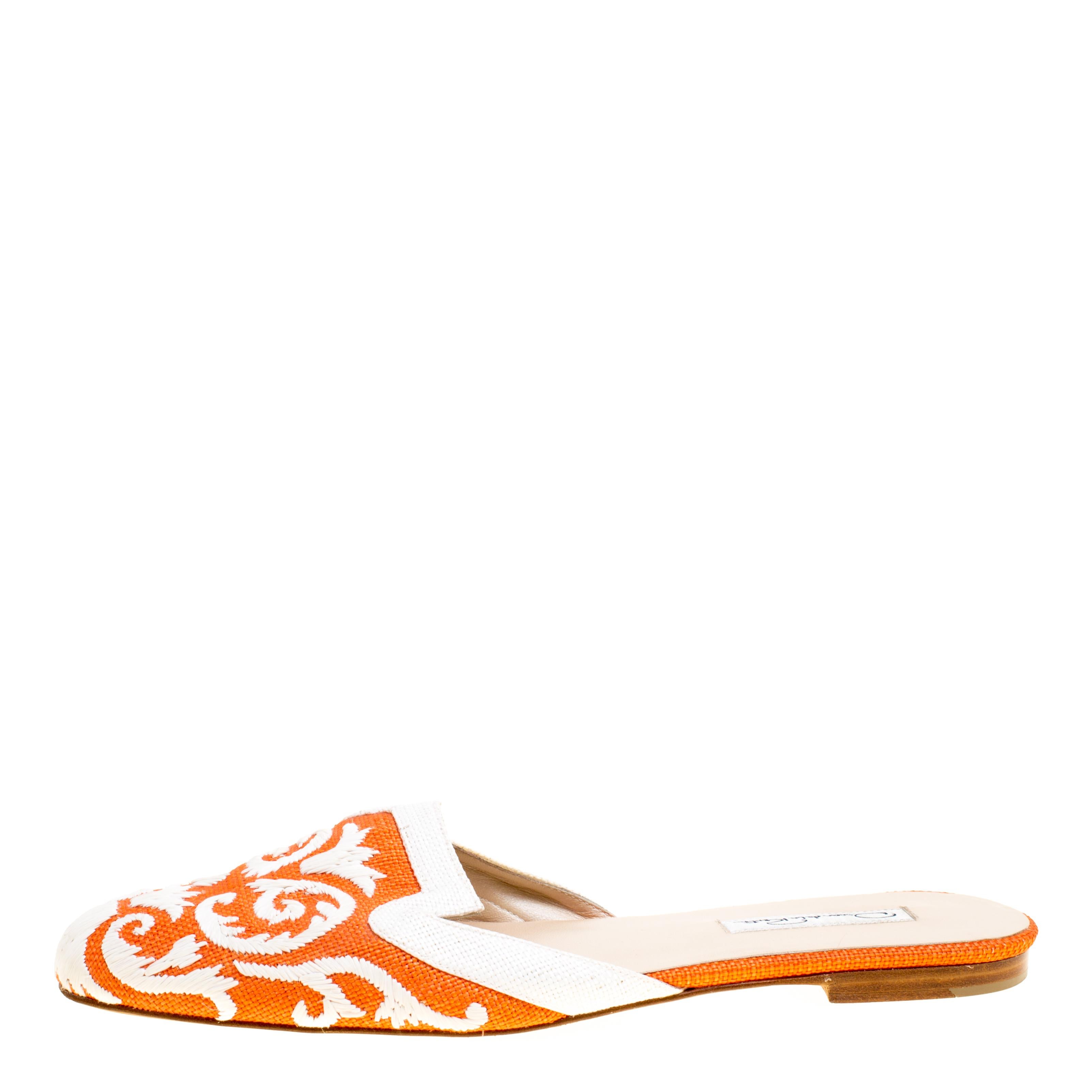 Oscar de la Renta Orange Embroidered Raffia Flat Mules Size 40