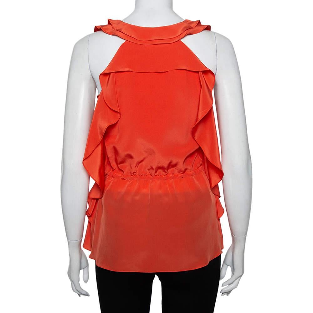 Red Oscar de la Renta Orange Ruffled Silk Sleeveless Top S