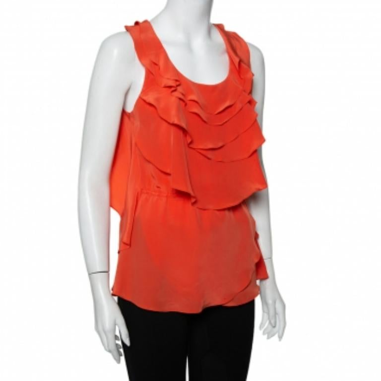 Red Oscar de la Renta Orange Ruffled Silk Sleeveless Top S