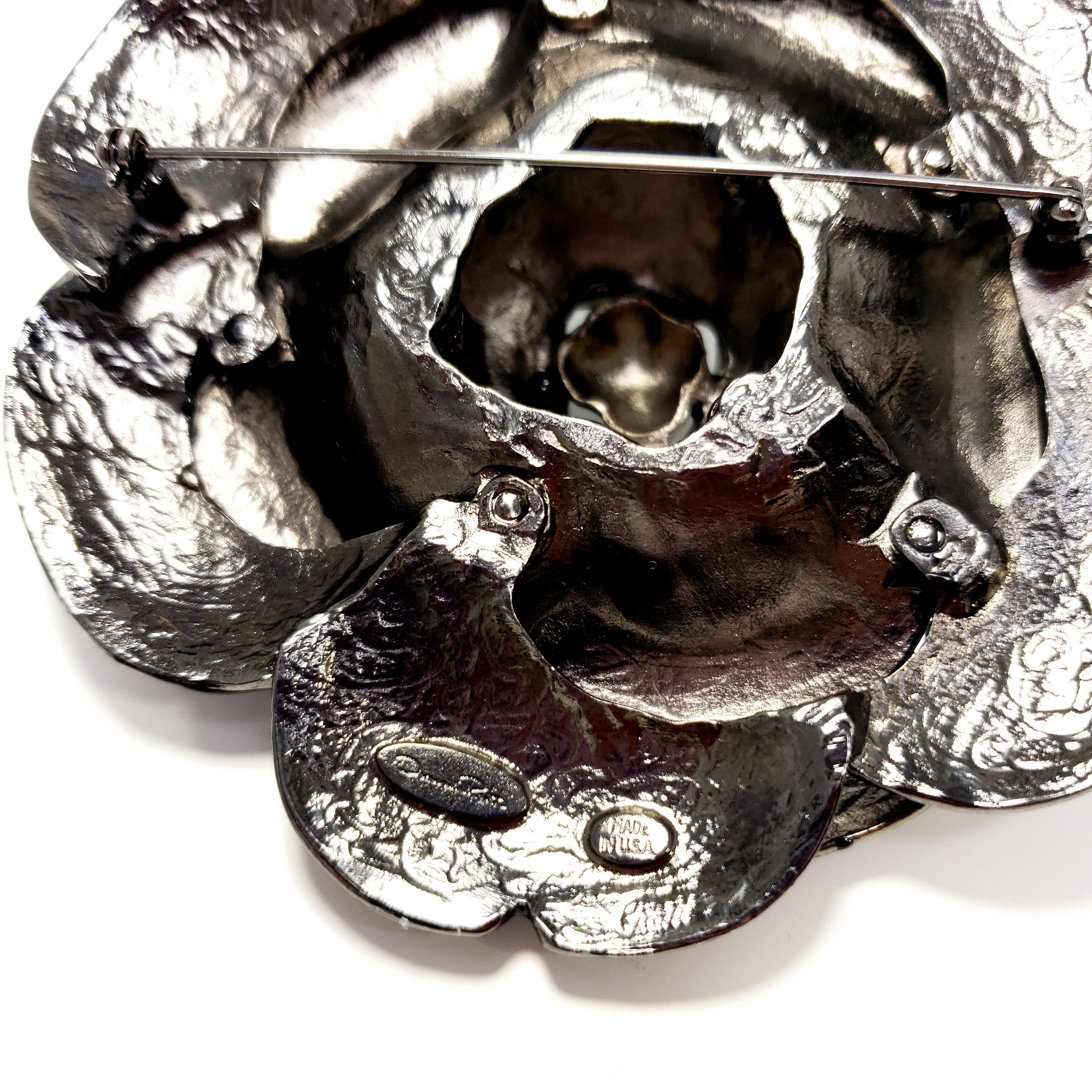 Women's or Men's Oscar de la Renta Oversized Black Enamel Rose Brooch Pin For Sale