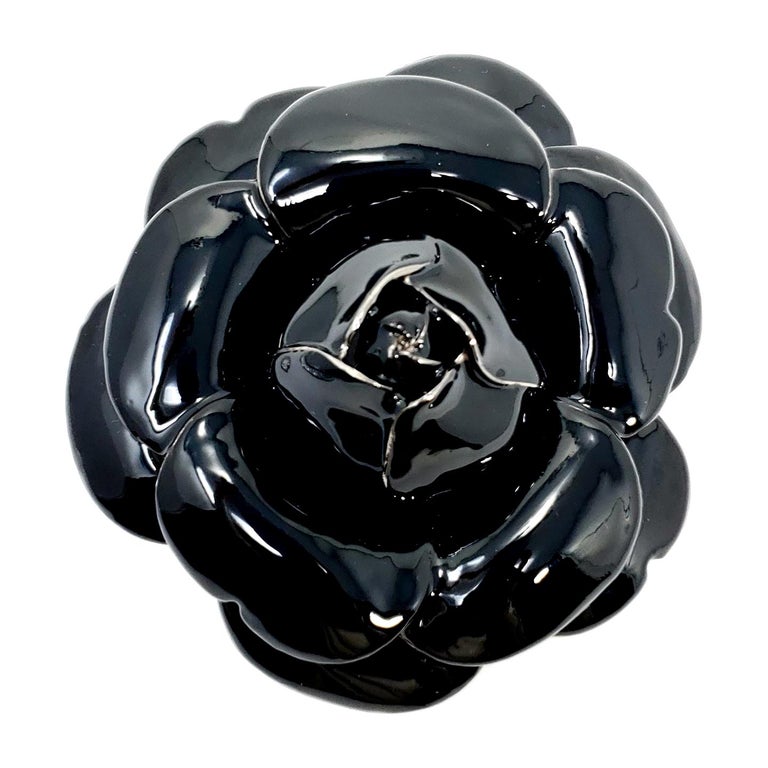 Oscar de la Renta Oversized Black Enamel Rose Brooch Pin at 1stDibs