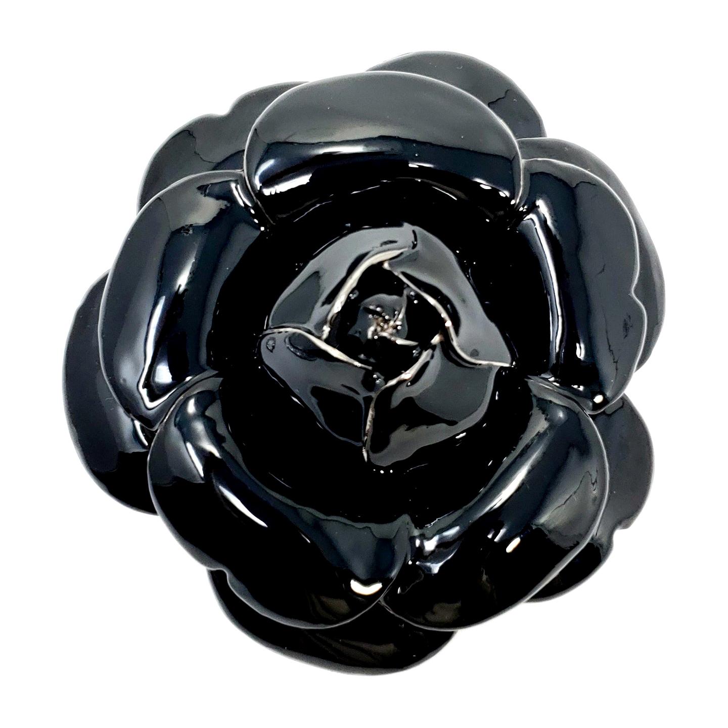 Oscar de la Renta Oversized Black Enamel Rose Brooch Pin For Sale