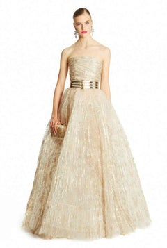 Oscar De La Renta P/Fall 2015 Champagne Tulle Soft Gold Painted Dress Gown US 8