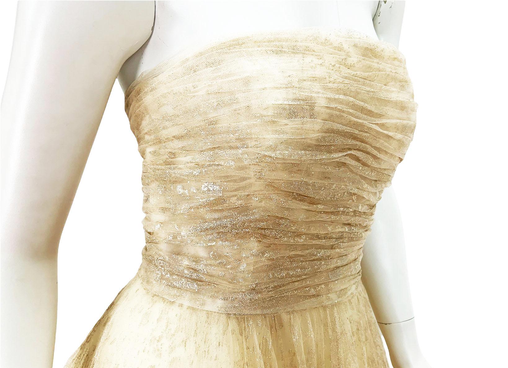 Oscar De La Renta P/Fall 2015 Champagne Tulle Soft Gold Painted Dress Gown US 8 In New Condition For Sale In Montgomery, TX