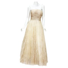 Used Oscar De La Renta P/Fall 2015 Champagne Tulle Soft Gold Painted Dress Gown US 8