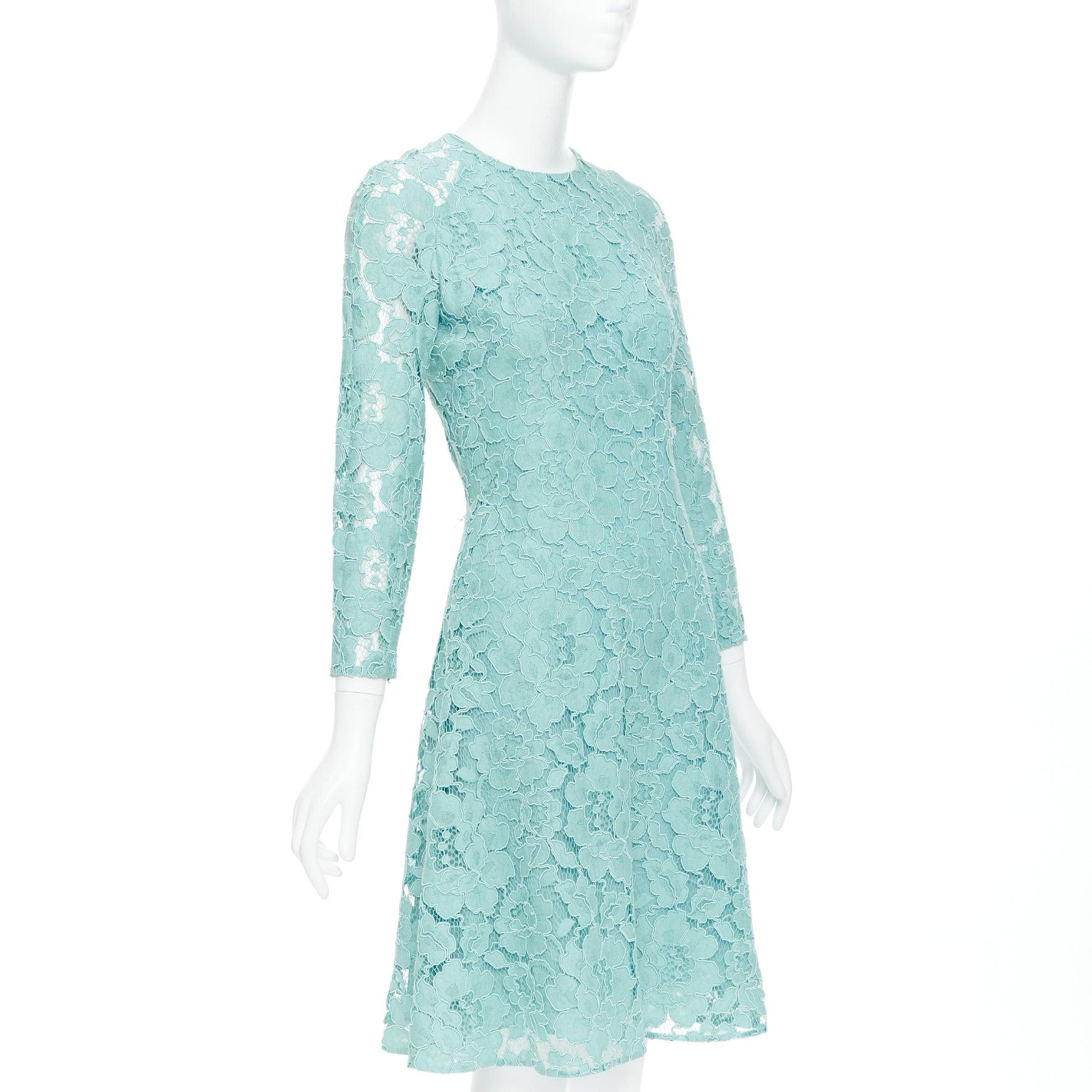 Green OSCAR DE LA RENTA P16 turquoise green cotton blend floral lace dress US0 XS