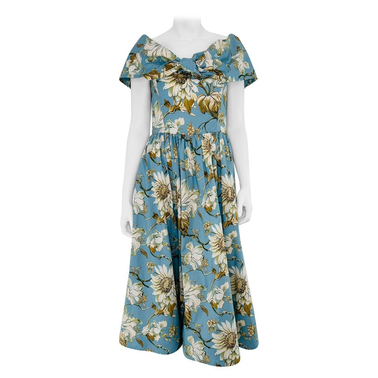 oscar de la renta blue dress with flowers Oscar de la Renta Crystal Embroidery Taffeta Midi Dress Navy main image 1