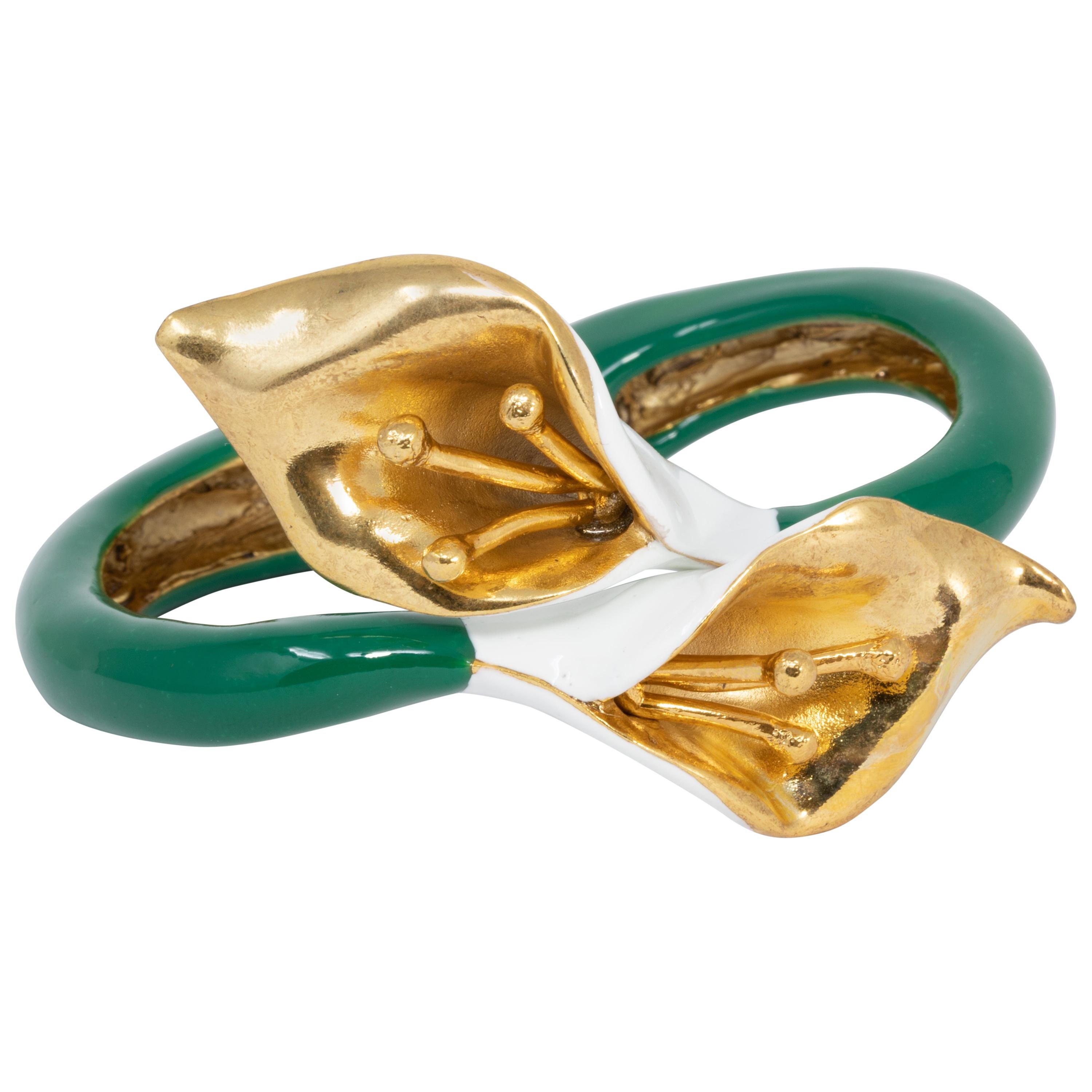 Oscar de la Renta Painted Calla Lily Clamper Bracelet, Green, White Enamel, Gold For Sale