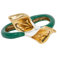 Oscar de la Renta Painted Calla Lily Clamper Bracelet, Green, White Enamel, Gold