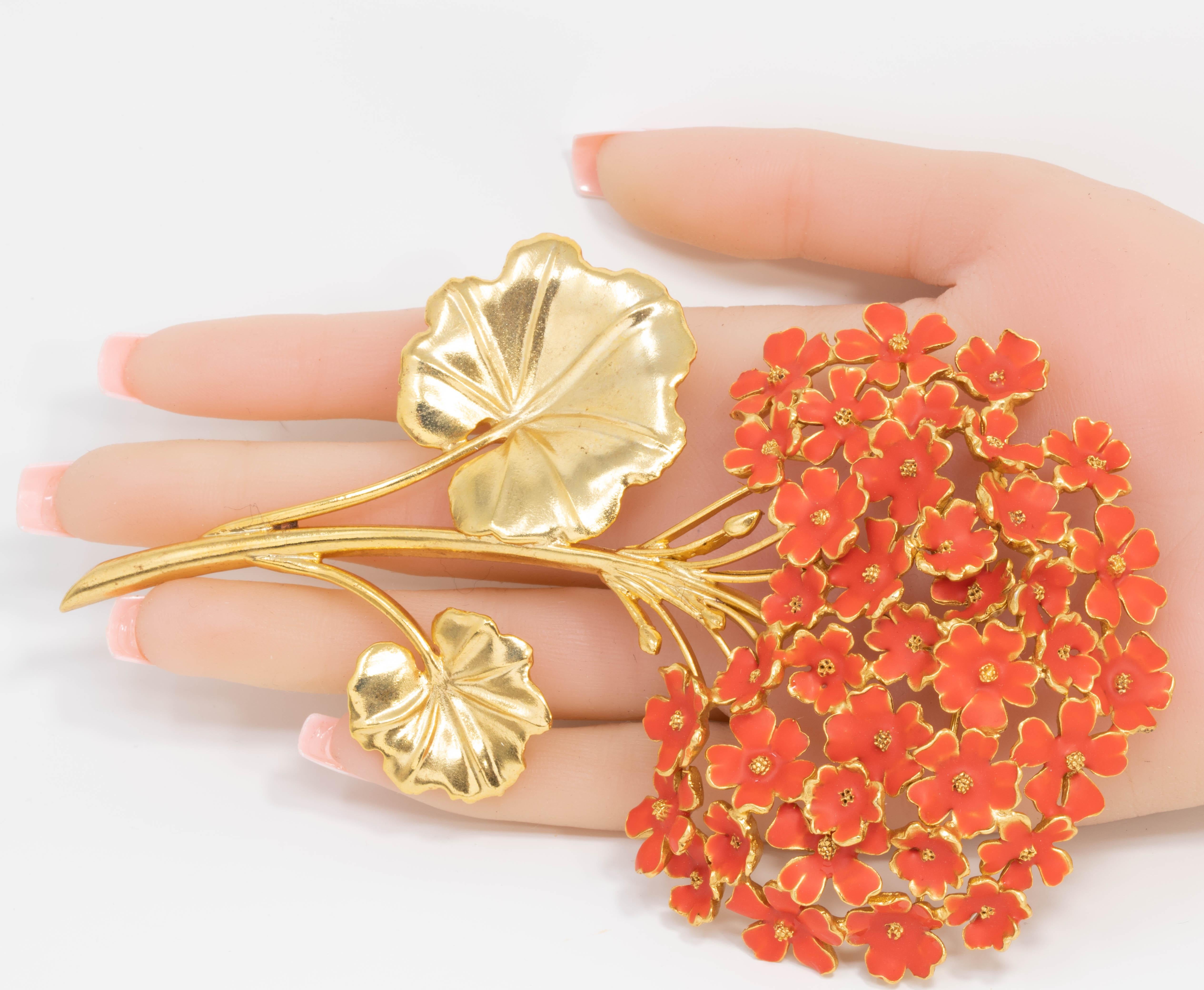 Modern Oscar de la Renta Gold Painted Cayenne Orange Geranium Bouquet Pin Brooch