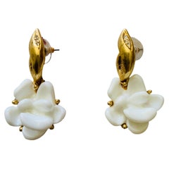 Vintage Oscar De La Renta Pair Of Gold Plated White Flowers Earrings 