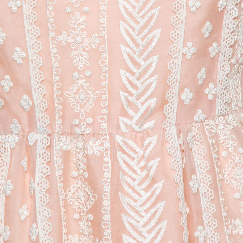 Robe sans manches Oscar de la Renta rose pâle en organza de soie brodé XL Bon état - En vente à Dubai, Al Qouz 2