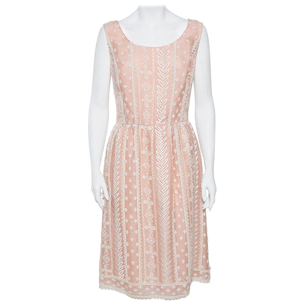 Oscar de la Renta Pale Pink Organza Silk Embroidered Sleeveless Dress XL For Sale