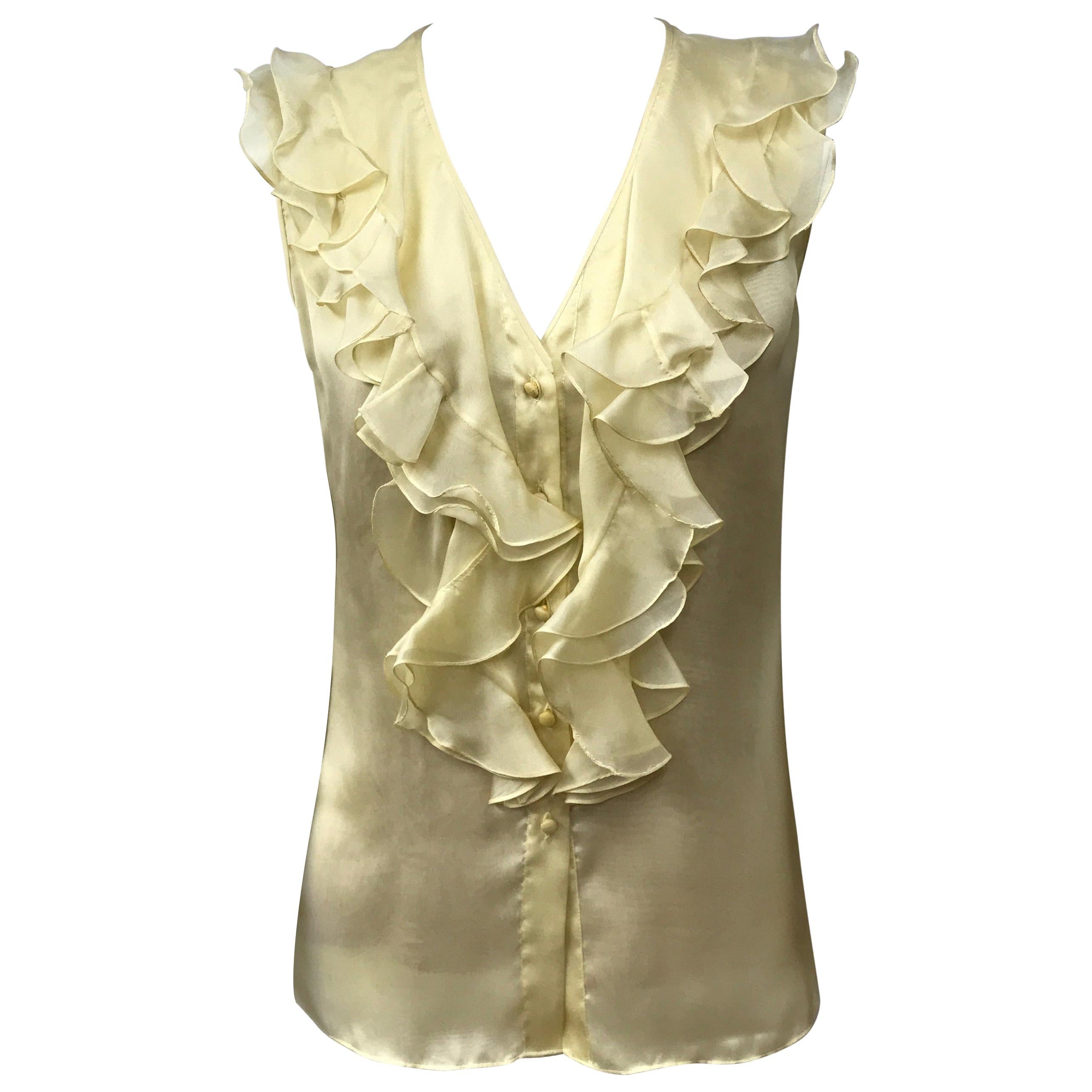 Oscar De La Renta Pale Yellow Silk Sleeveless Top-6 For Sale