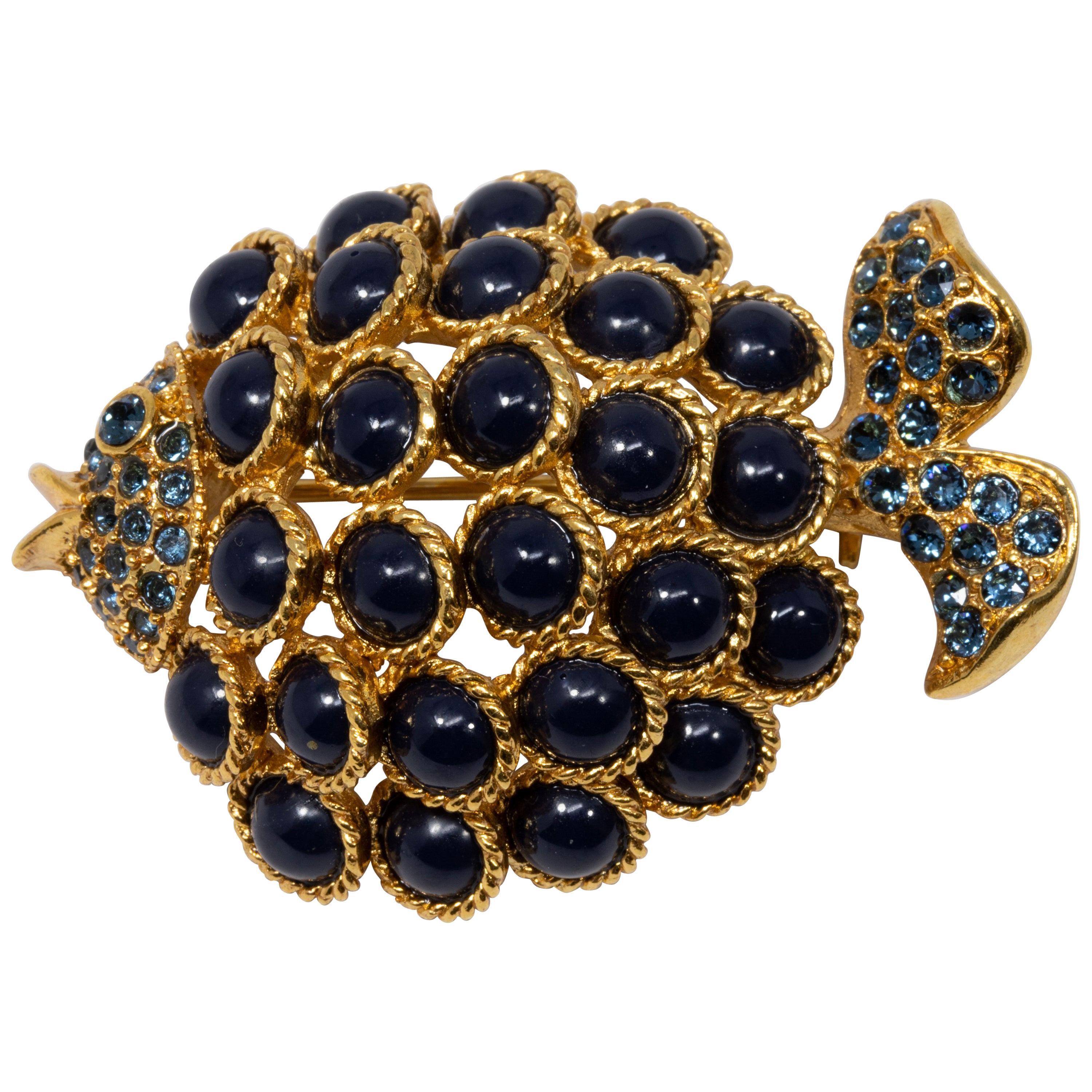 Oscar de la Renta Pave Blue Cabochon Embellished Fish Brooch, Pin in Gold For Sale