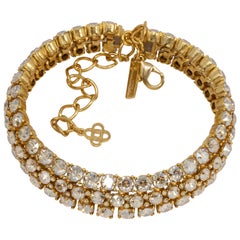 Oscar de la Renta Pave Clear Crystal Gold Choker Collar Necklace, Three Row