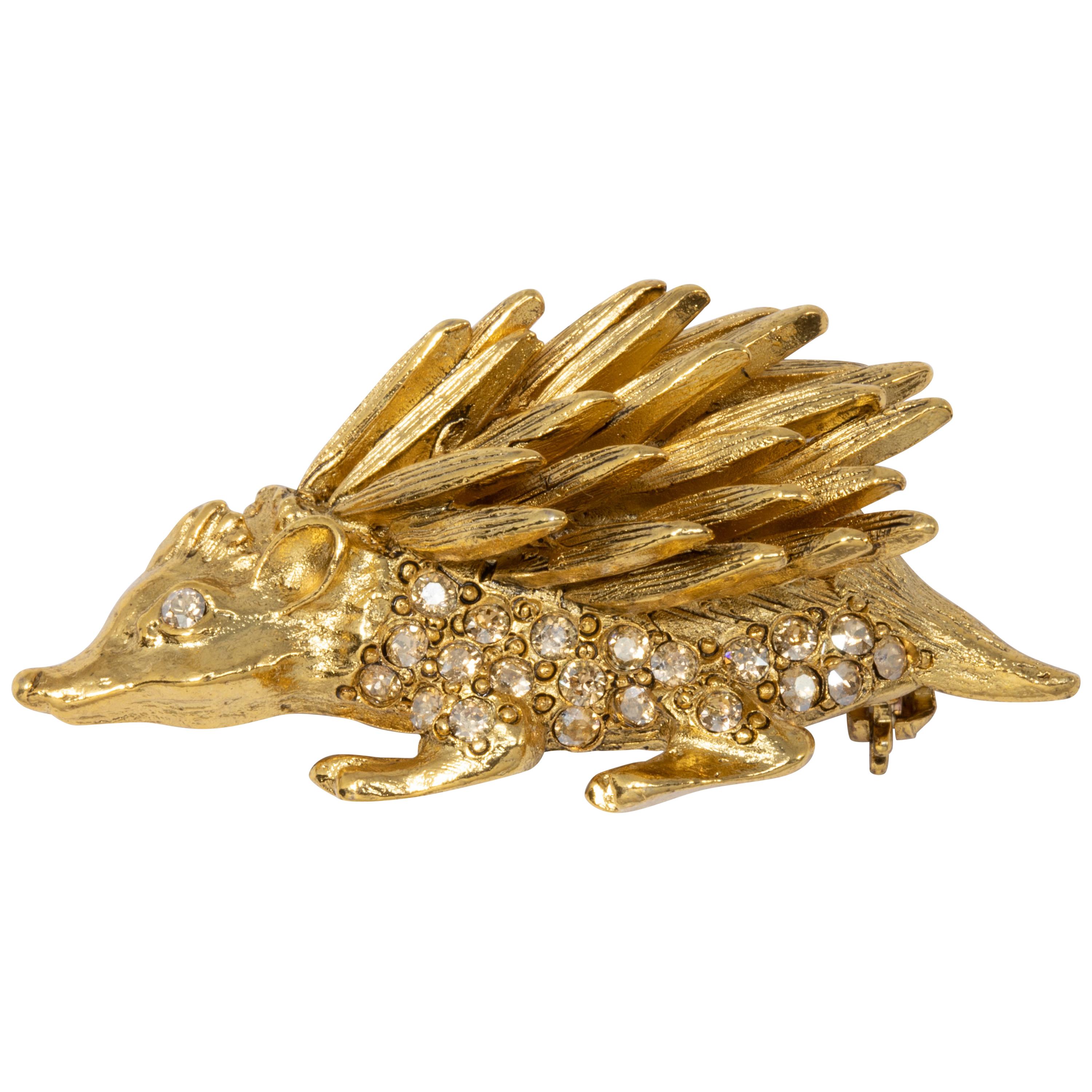 Oscar de la Renta Pave Crystal Hedgehog Brooch, Pin in Gold