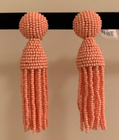 New Oscar de la Renta Peach Pink Beaded Tassel Earrings Clip On