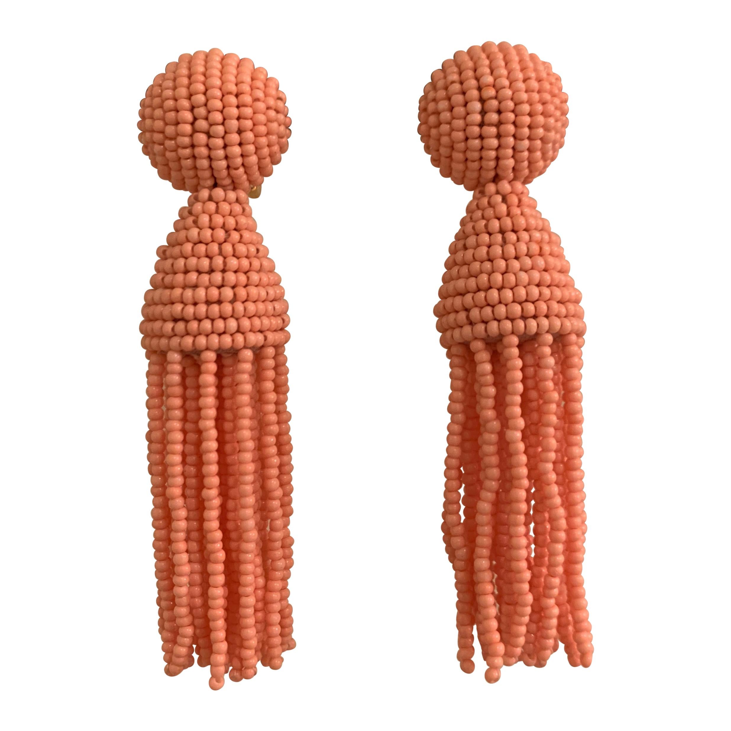 New Oscar de la Renta Peach Pink Beaded Tassel Earrings Clip On