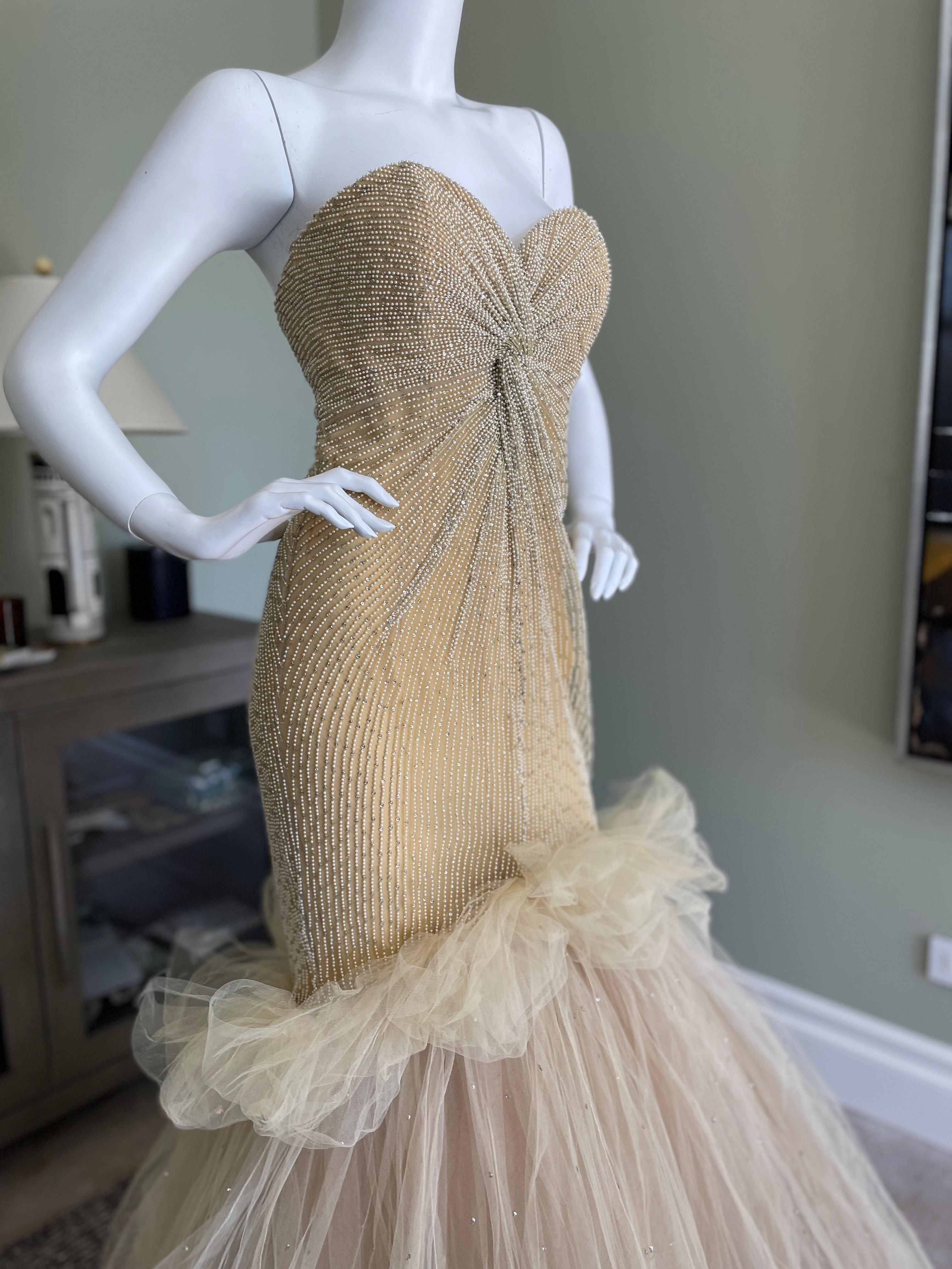 Brown Oscar de la Renta Pearl Embellished Vintage Corset Mermaid Dress For Sale