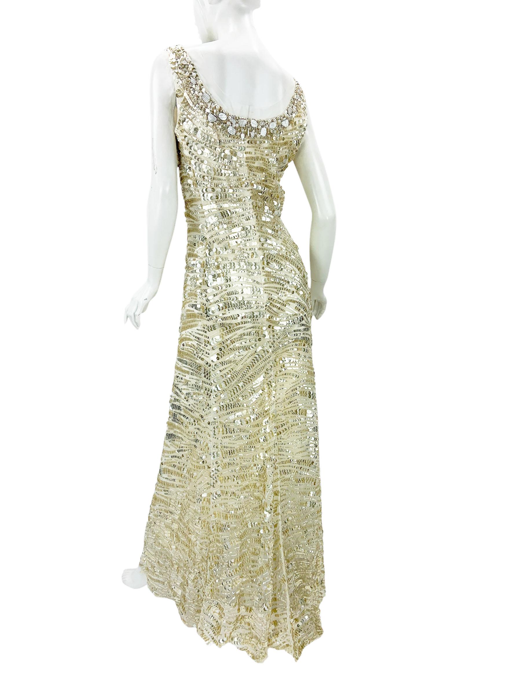 Women's Oscar de la Renta PF 2008 Runway Champagne Silk Fully Embellished Dress US 10 For Sale