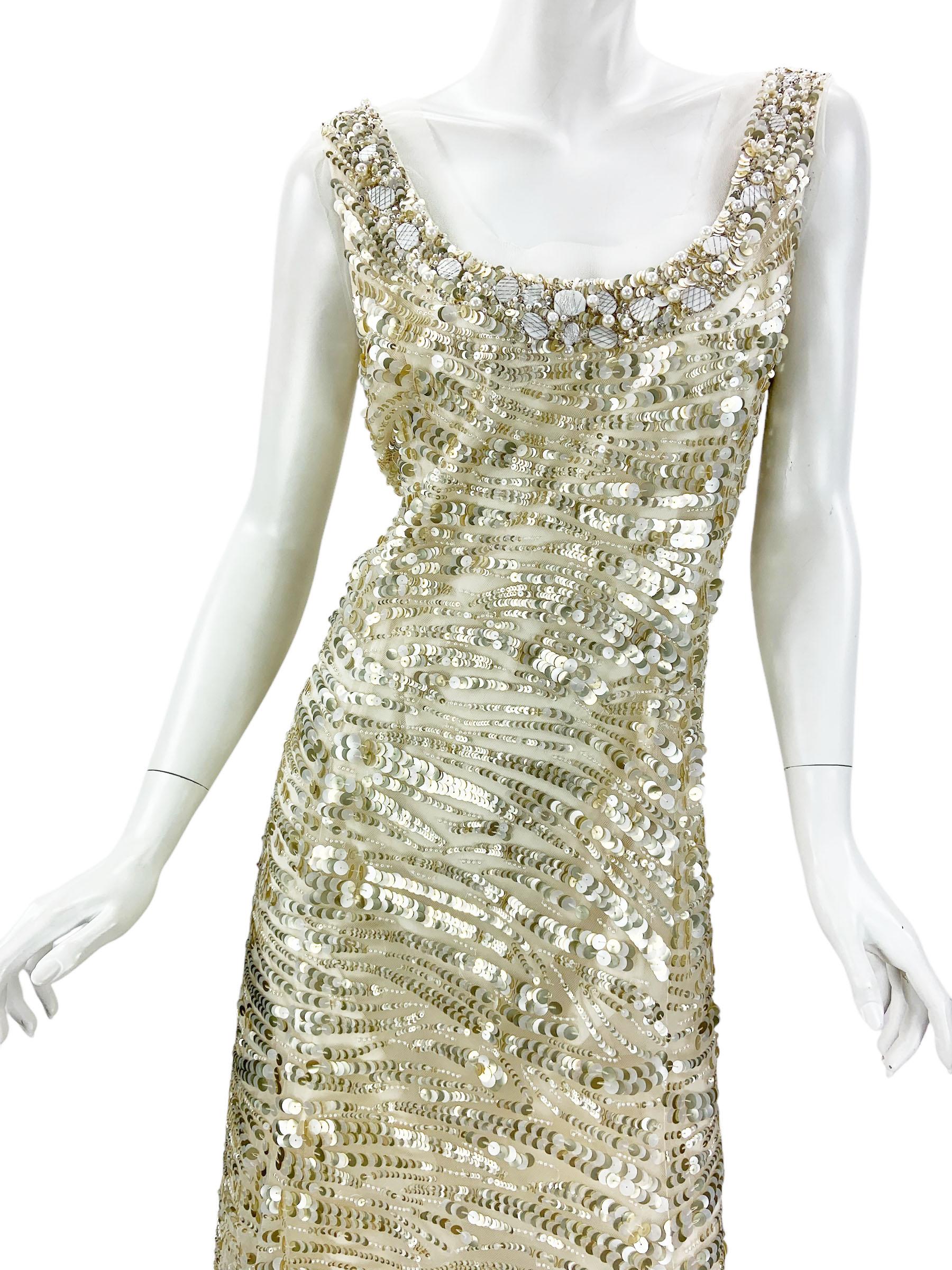 Oscar de la Renta PF 2008 Runway Champagne Silk Fully Embellished Dress US 10 For Sale 1