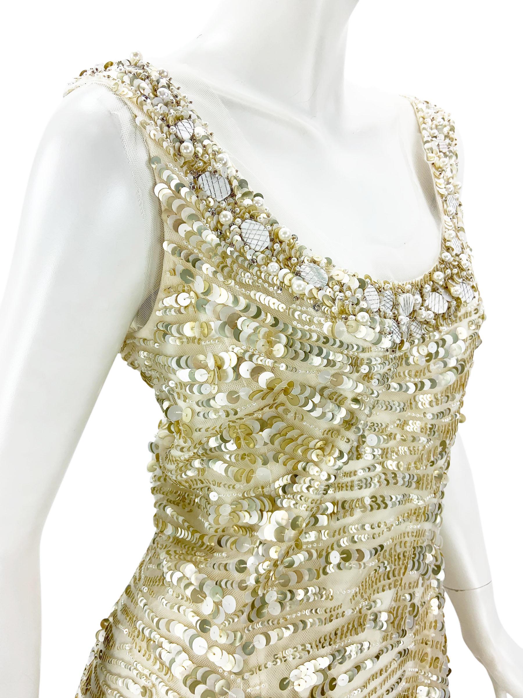 Oscar de la Renta PF 2008 Runway Champagne Silk Fully Embellished Dress US 10 For Sale 3