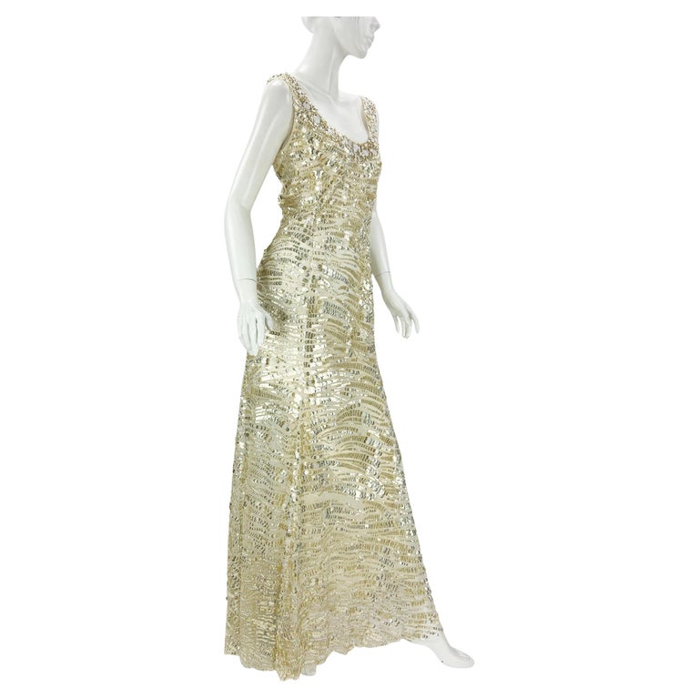 Oscar de la Renta PF 2008 Runway Champagne Silk Fully Embellished Dress US  10 For Sale at 1stDibs