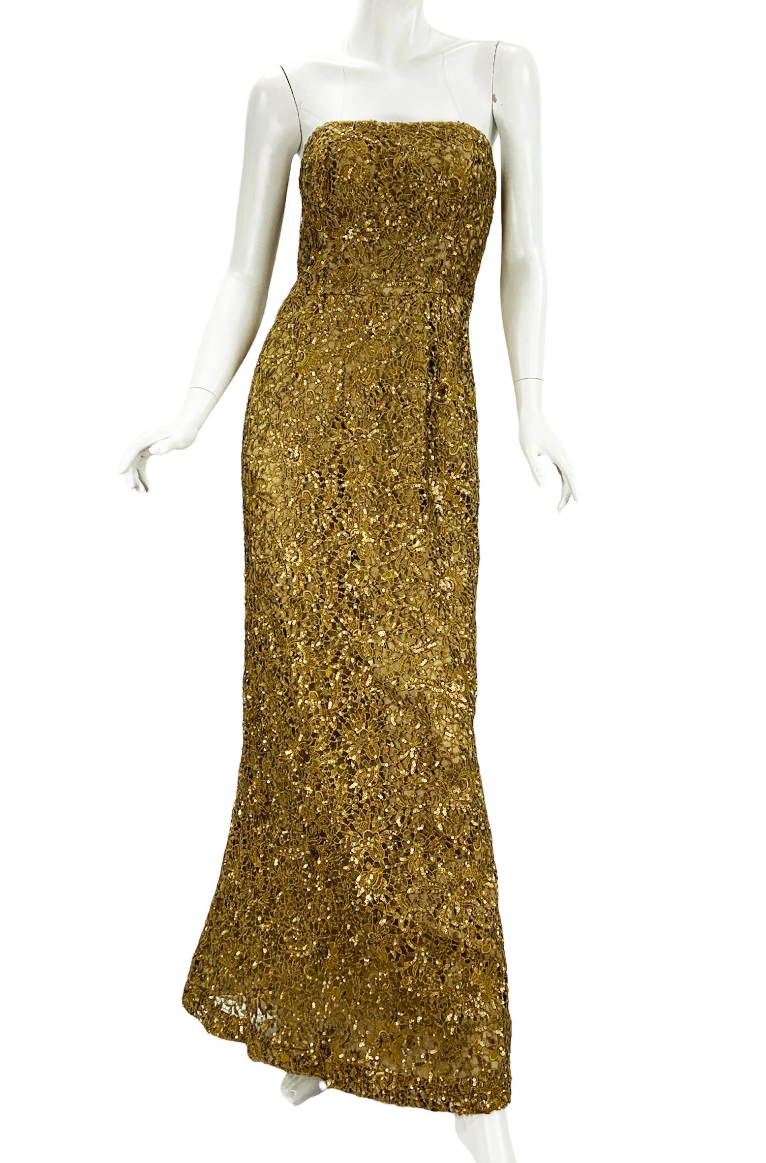 Oscar De La Renta PF 2012 Gold Lace Sequin Embellished Dress Gown + Jacket  For Sale 2