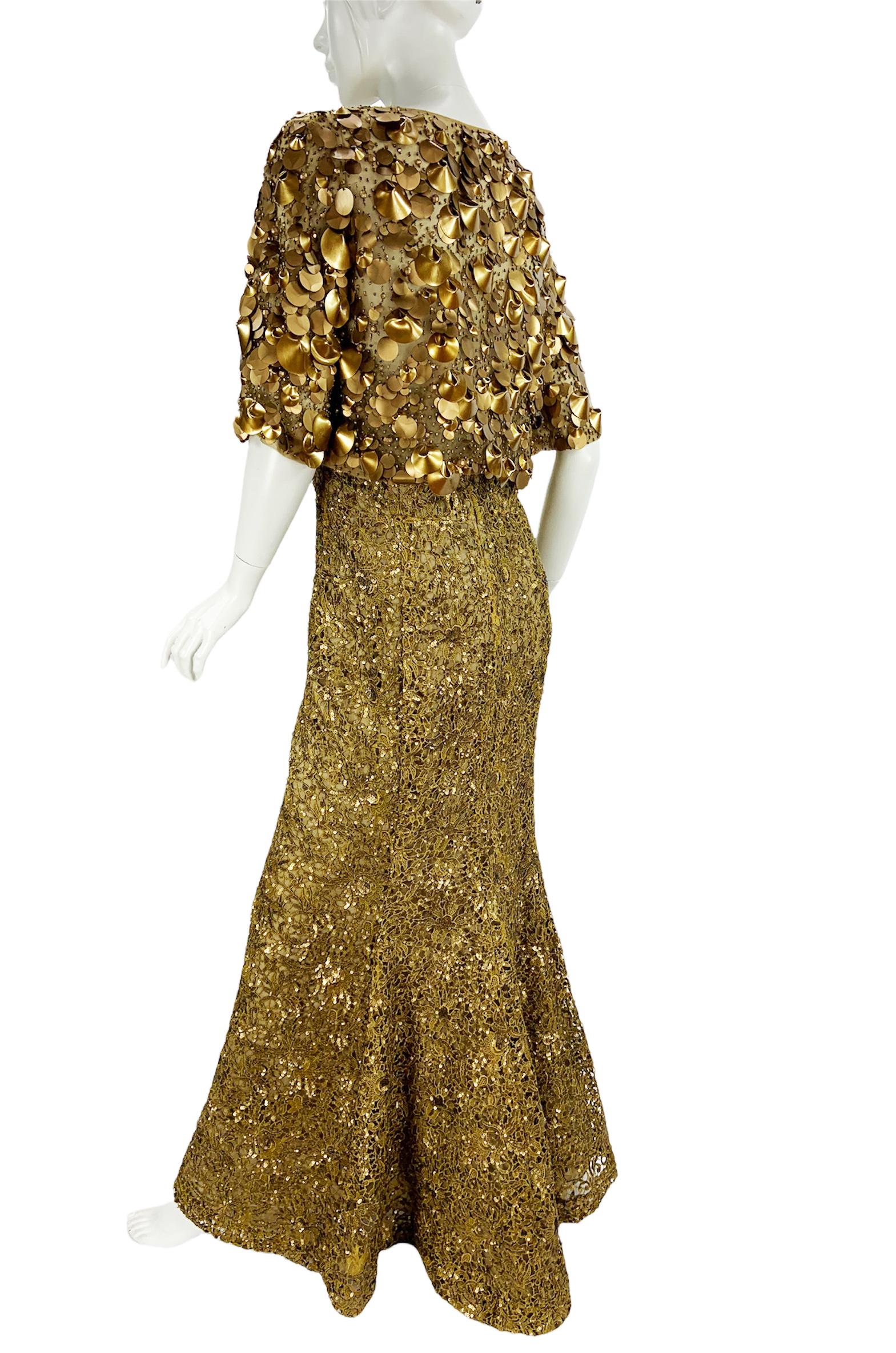 Brown Oscar De La Renta PF 2012 Gold Lace Sequin Embellished Dress Gown + Jacket  For Sale