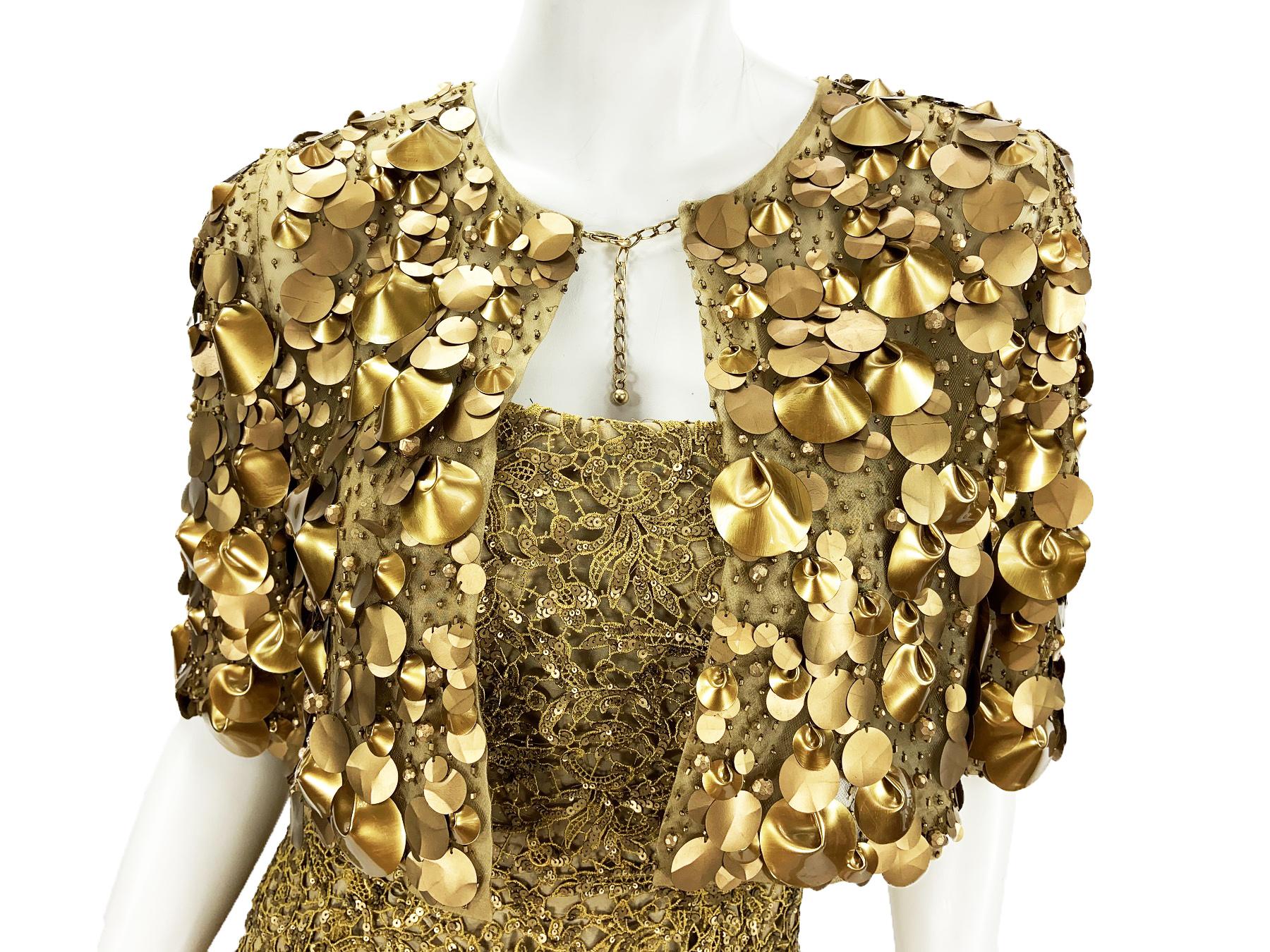 Oscar De La Renta PF 2012 Gold Lace Sequin Embellished Dress Gown + Jacket  In Excellent Condition For Sale In Montgomery, TX