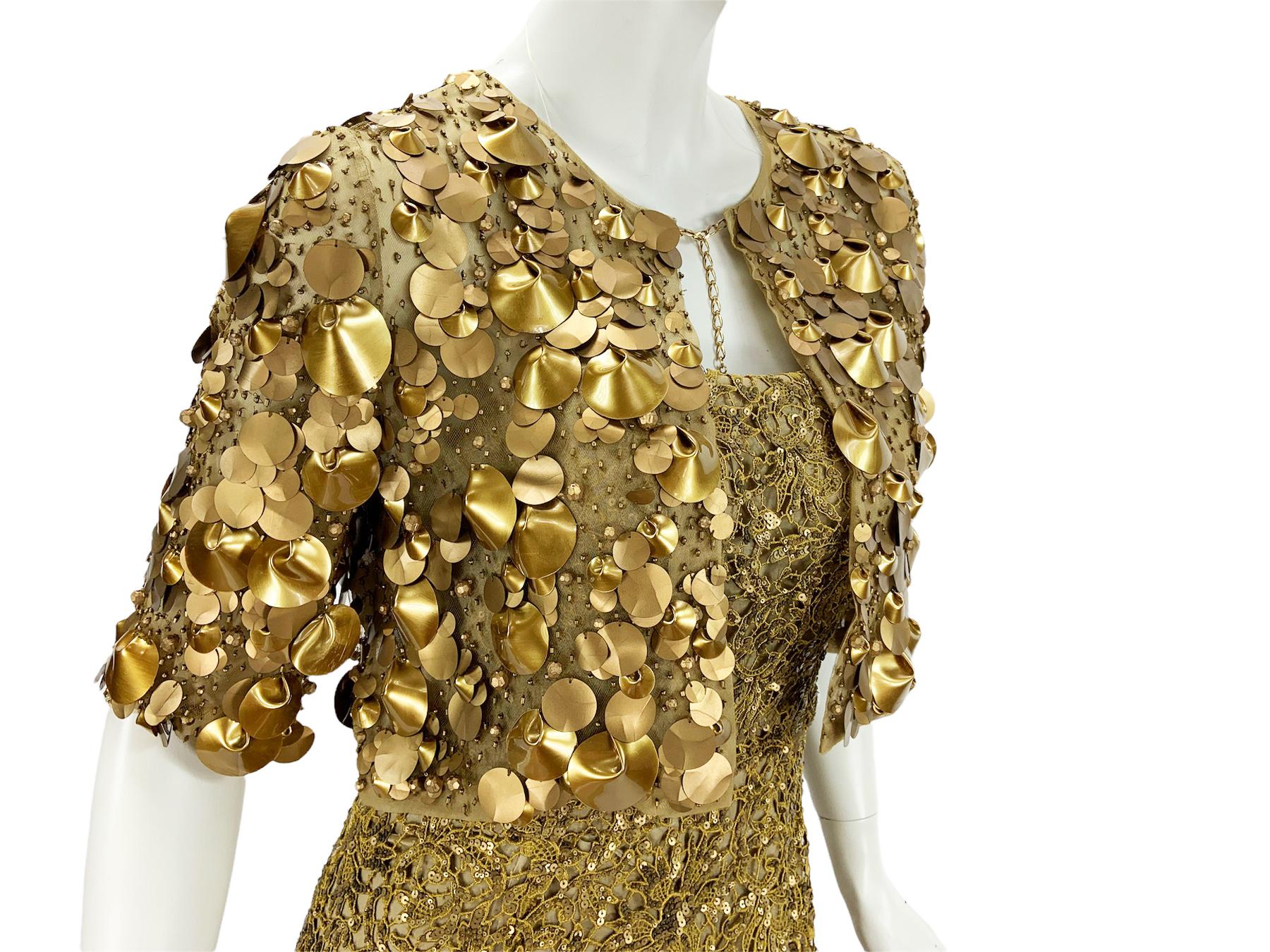 Women's Oscar De La Renta PF 2012 Gold Lace Sequin Embellished Dress Gown + Jacket  For Sale