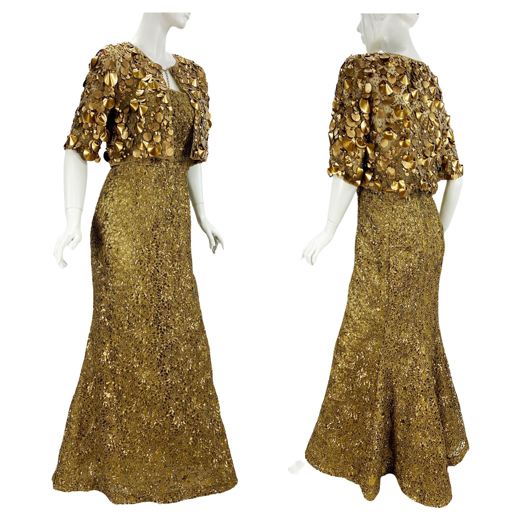 Oscar De La Renta PF 2012 Gold Lace Sequin Embellished Dress Gown + Jacket  For Sale