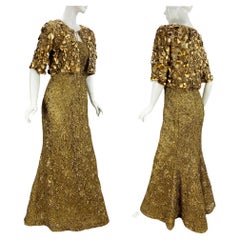 Oscar De La Renta PF 2012 Gold Lace Sequin Embellished Dress Gown + Jacket 