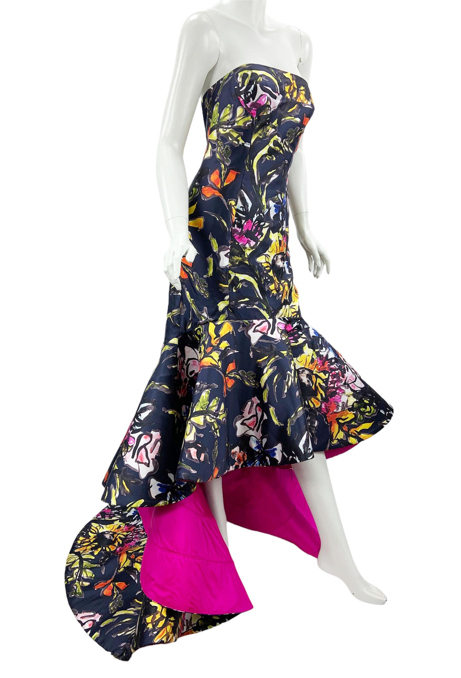 Oscar de la Renta PF 2015 Floral Printed High-Low Corset Dress Gown US size 6 In Excellent Condition For Sale In Montgomery, TX