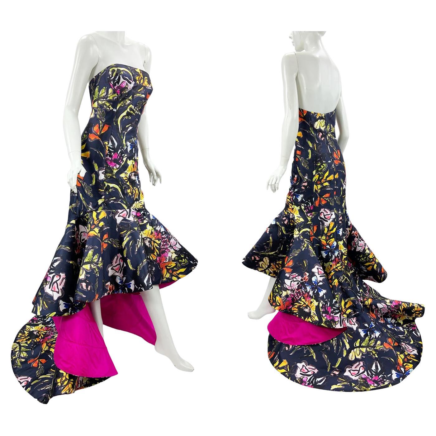 Oscar de la Renta PF 2015 Floral Printed High-Low Corset Dress Gown US size 6 For Sale