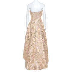 Oscar De La Renta Pink and Gold Brocade Strapless Asymmetrical Dress S