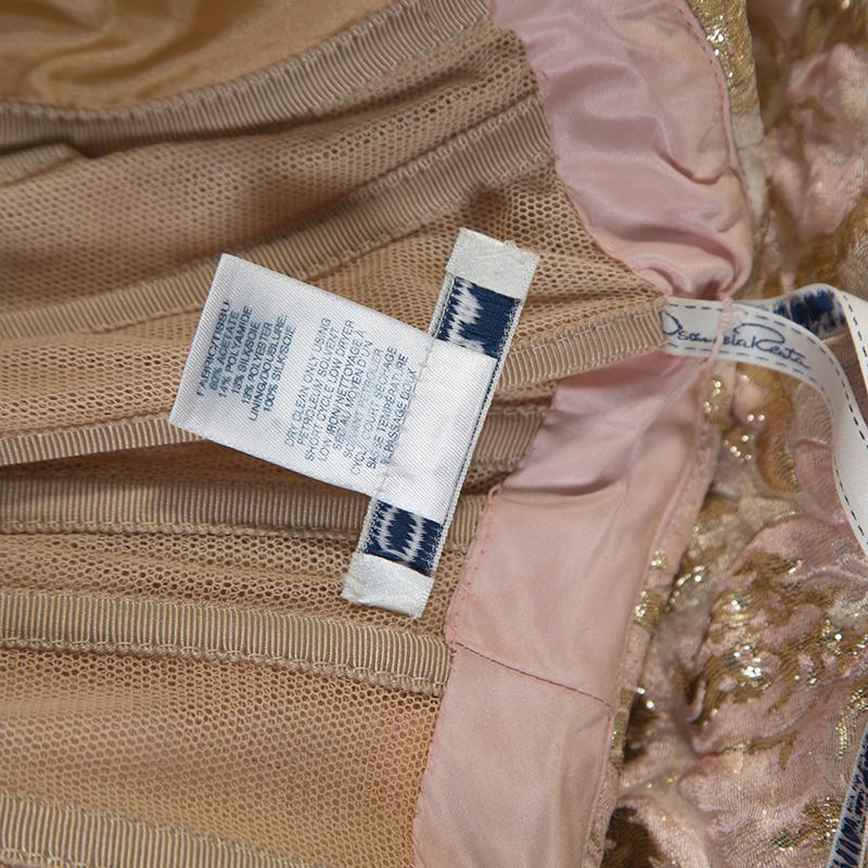 Oscar De La Renta Pink and Gold Brocade Strapless Asymmetrical Dress S In Good Condition In Dubai, Al Qouz 2