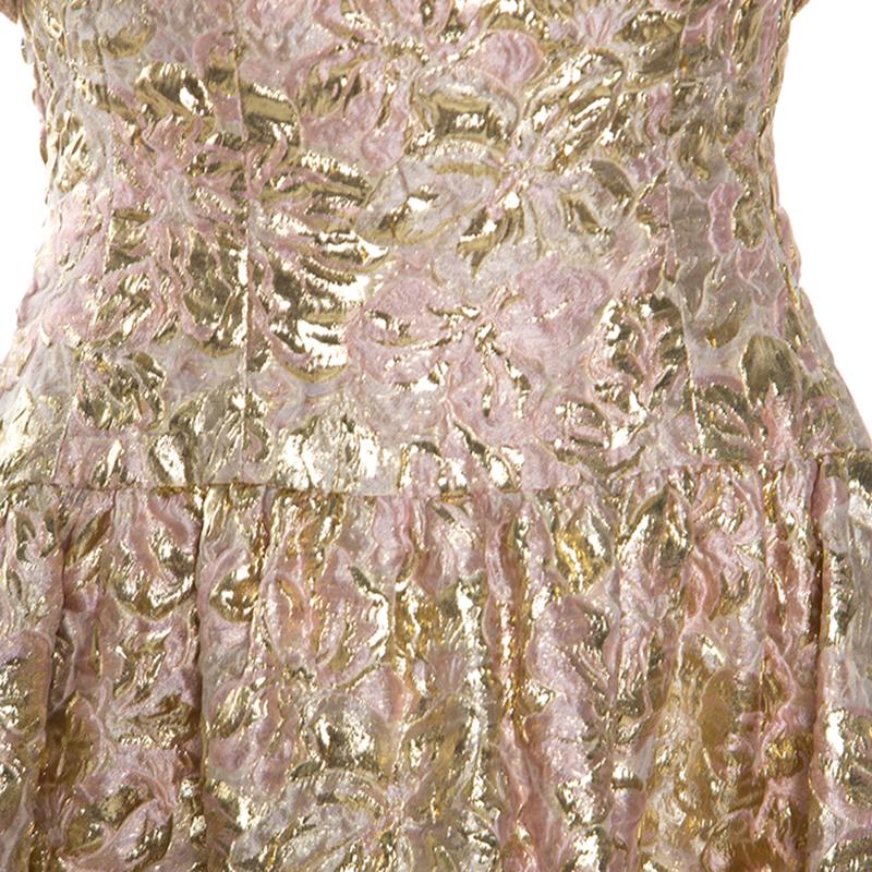 Oscar De La Renta Pink and Gold Brocade Strapless Asymmetrical Dress S 1