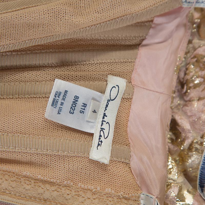 Beige Oscar De La Renta Pink and Gold Brocade Strapless Asymmetrical Dress S
