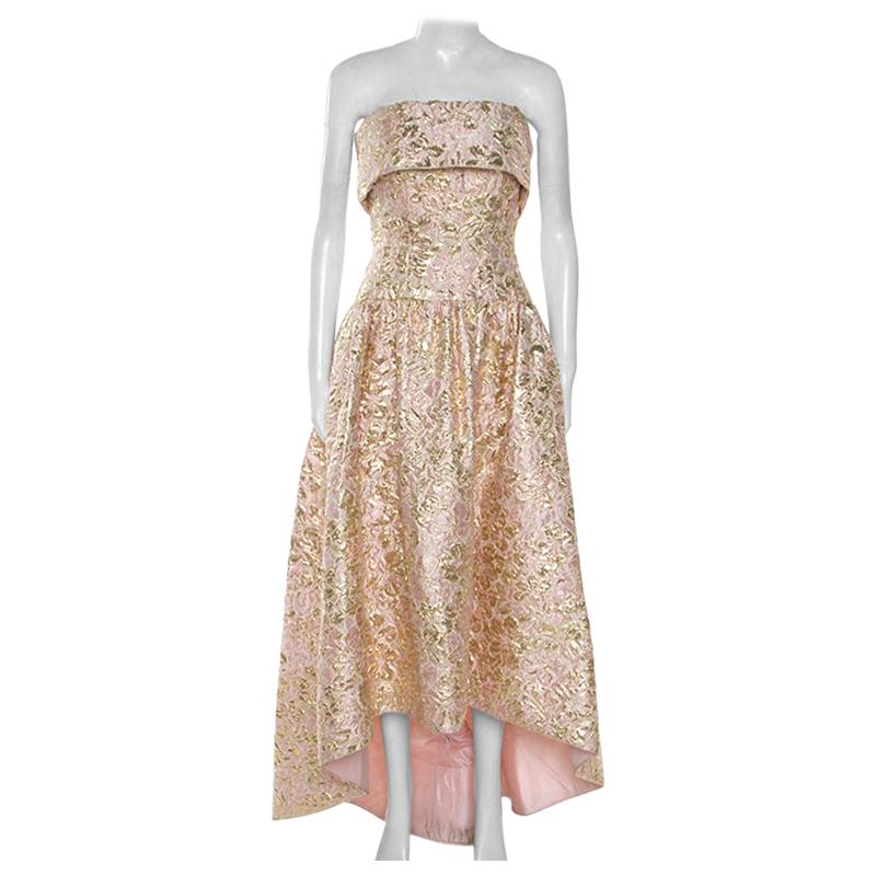 Oscar De La Renta Pink and Gold Brocade Strapless Asymmetrical Dress S