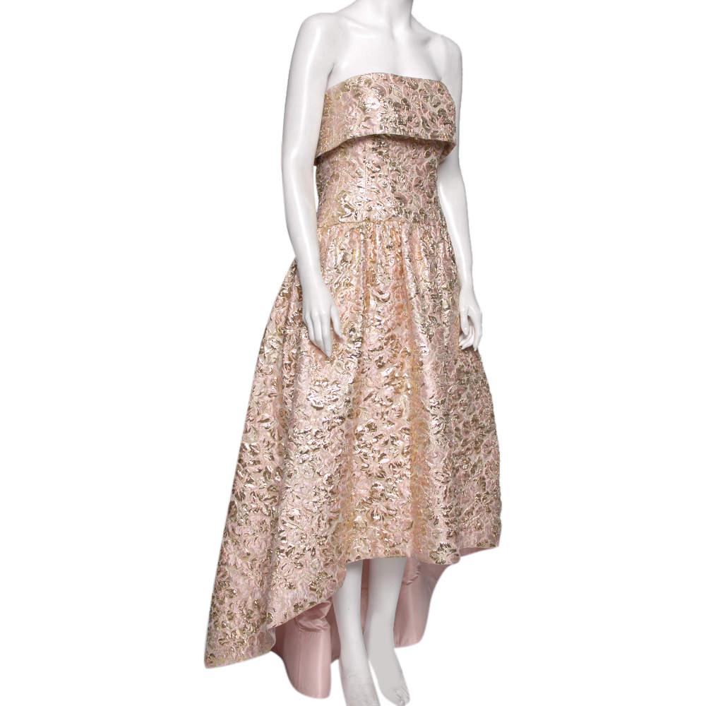 Beige Oscar De La Renta Pink and Gold Brocade Strapless Asymmetrical Gown S