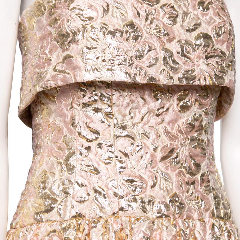 Oscar De La Renta Pink and Gold Brocade Strapless Asymmetrical Gown S 1